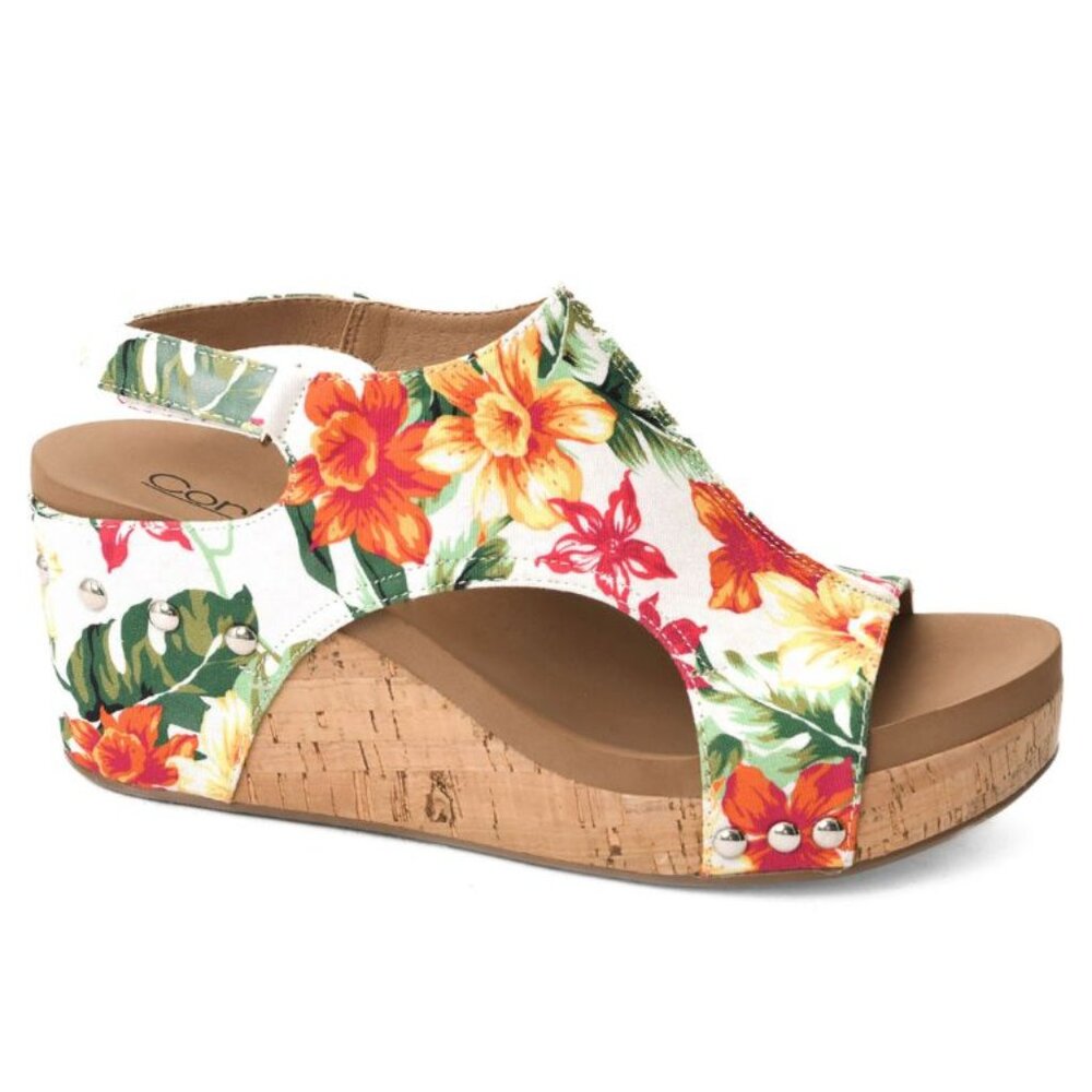 Corkys Floral Print Cork Wedge Sandals in White, Orange, Green